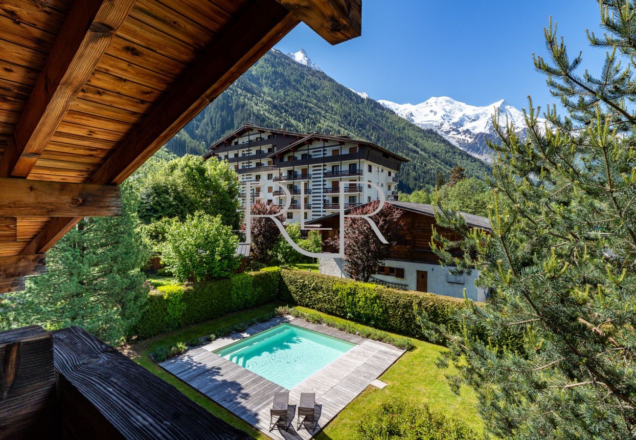 One of Mont Blanc's domes is viewable from the second floor balcony at Chalet les Sauberands