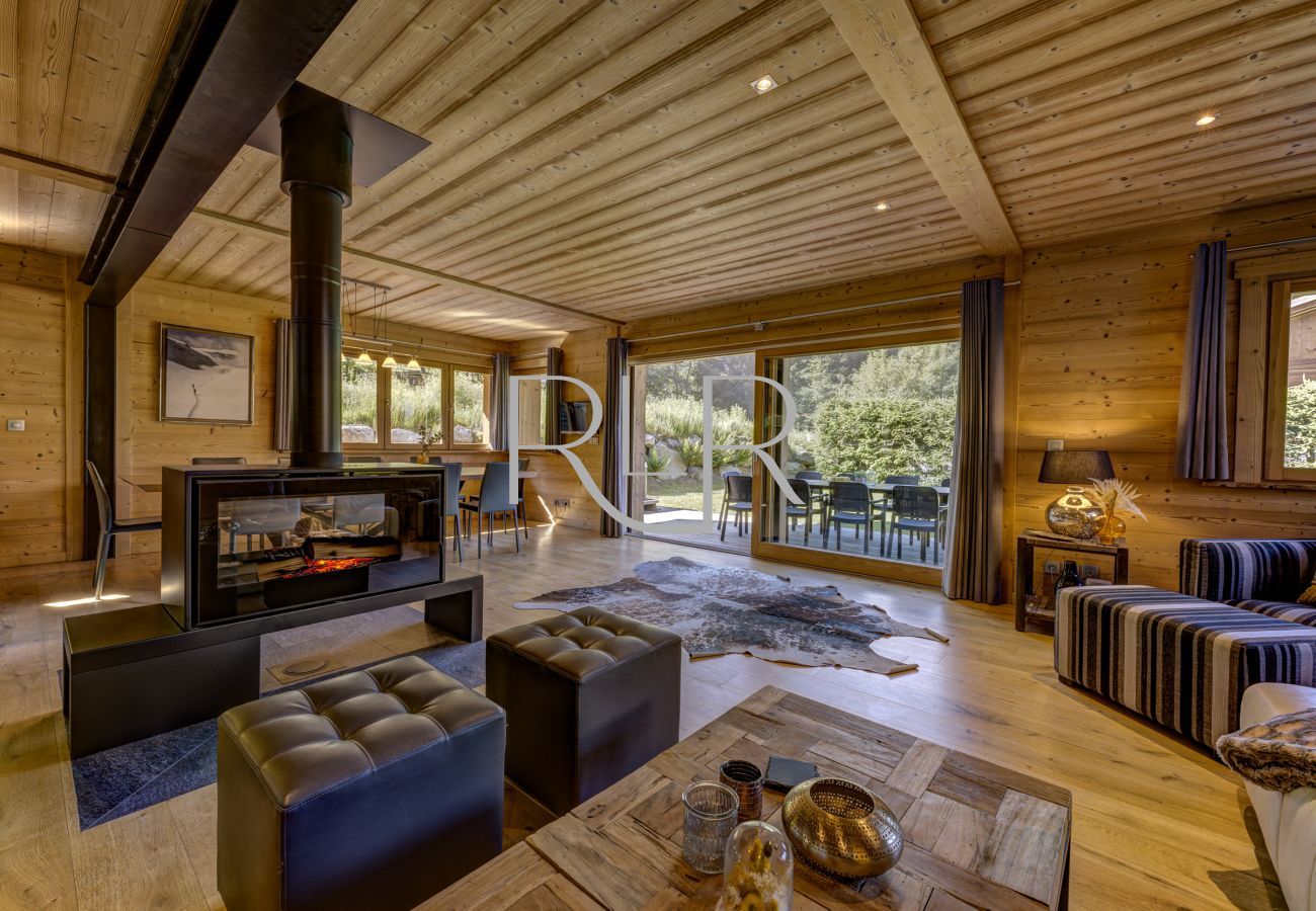 This chalet has a double sided wood fireplace